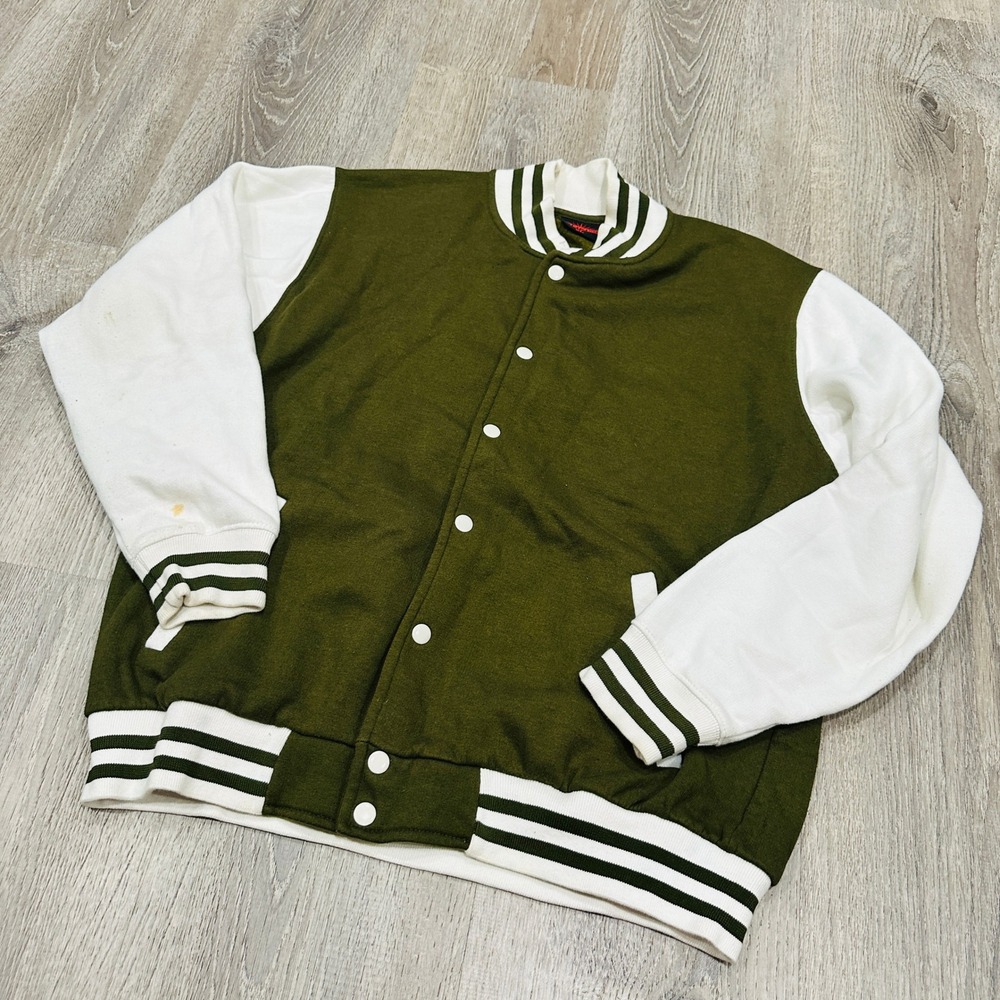 Sun Tees Mens XL Varsity Jacket Olive Green White Snap Front Fleece Bomber